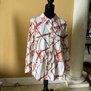 Susan Graver Top Womens Button Up Cotton Stretch Bit Bridle Chain Print Size 10